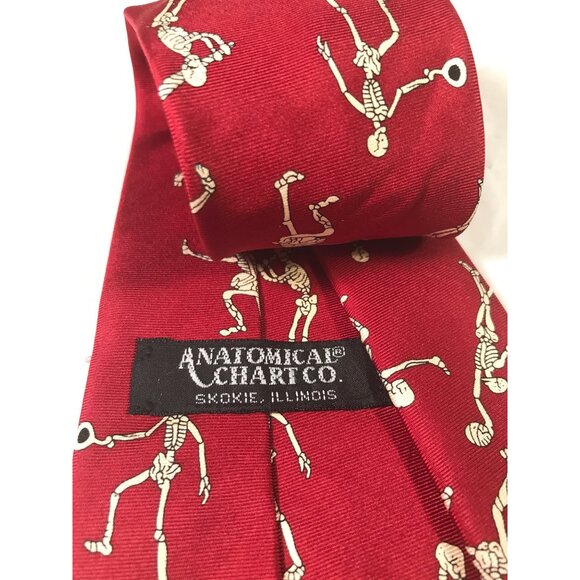 Anatomical Chart Co. Men's Red and Beige Silk Skeletons Playing Sports Neck Tie - Picture 4 of 5